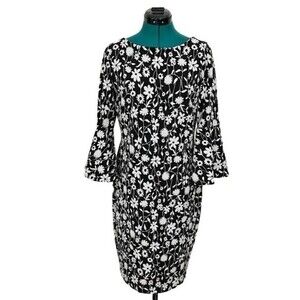 Calvin Klein Stretch Bohemian 70s Floral Y2K 3/4 Bell Sleeve Sheath Dress